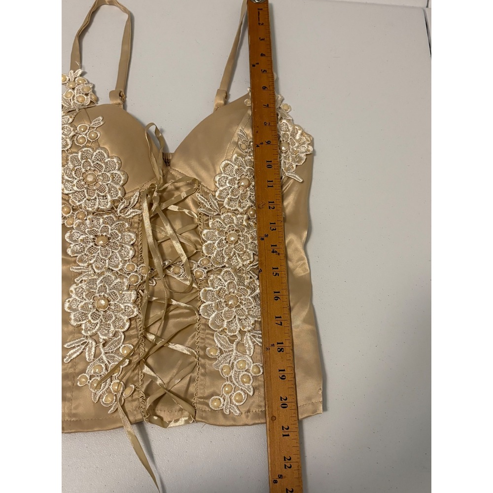 Body Central Gold Satin Lace Up Corset Top Pearl Floral Lace fairy whimsy y2k c5 - Picture 9 of 9